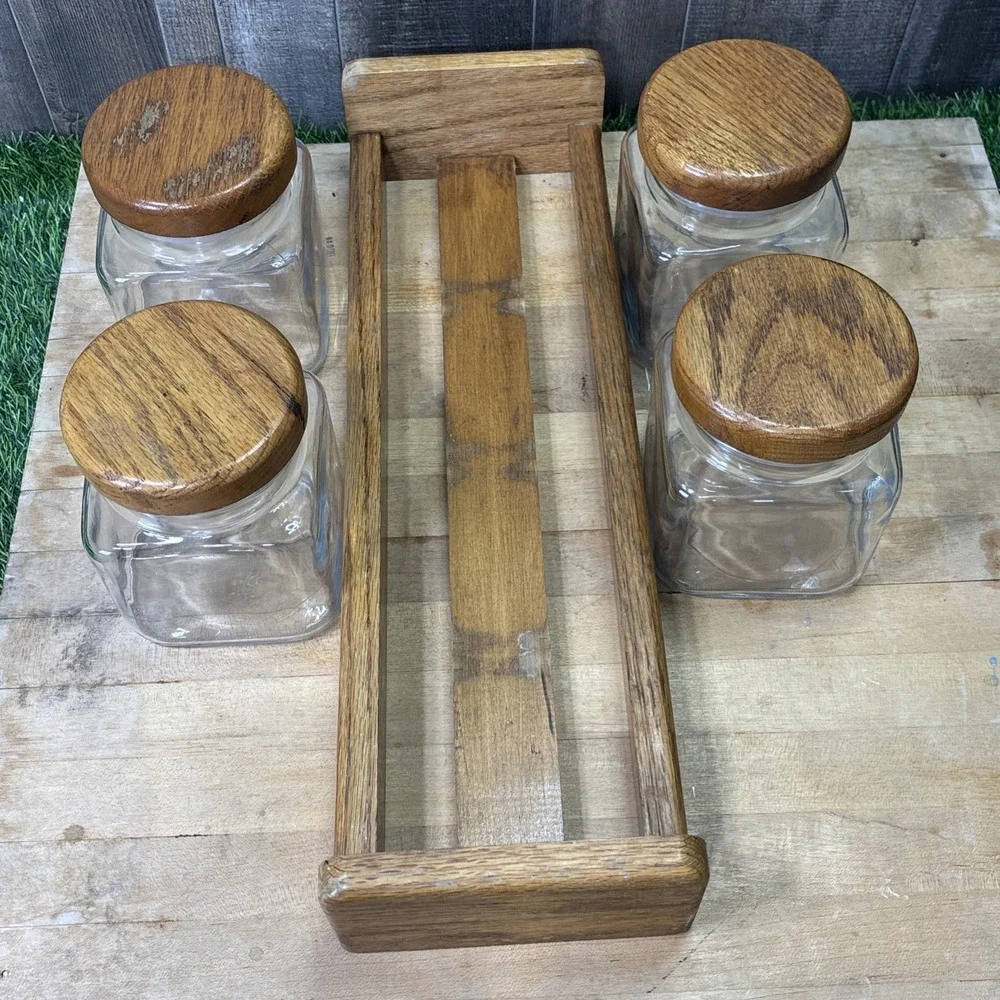 Vintage 1970s Anchor Hocking Glass Canister Set 4 Wood Lids Rack Kitchen